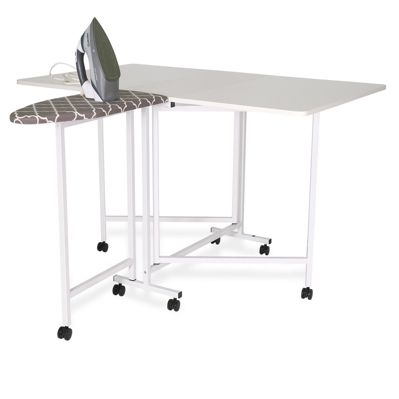 Arrow Millie Sewing Cutting Table with Ironing Board – Folding Craft Table with Storage and Workspace Extension